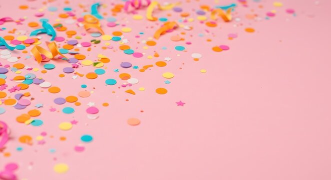 Confetes coloridos brilham sobre um fundo rosa suave, criando uma atmosfera animada e festiva. As part&iacute;culas espalhadas variam em tamanho e cor, intensificando o clima alegre e comemorativo