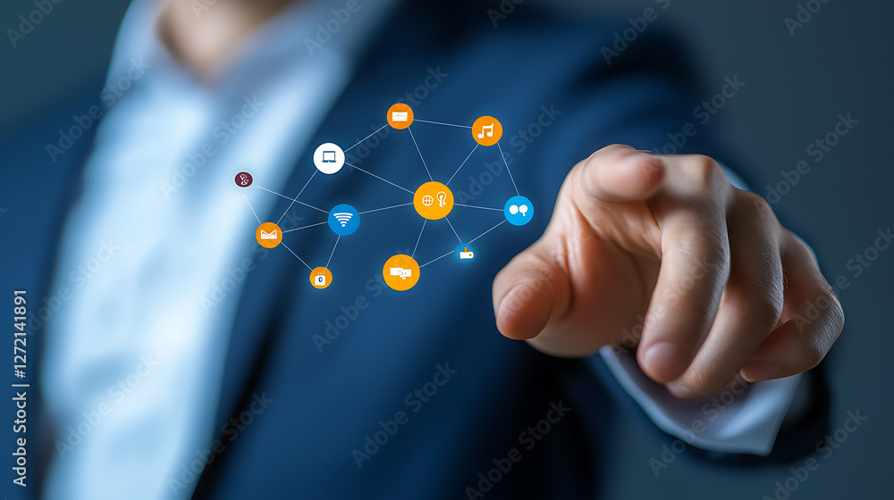 Aufkleber businessman interacting with digital globe featuring iot and marketing strategies office setting inf