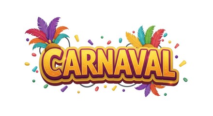 Um design alegre de 'CARNAVAL' com texto chamativo, penas divertidas e luzes brilhantes, real&ccedil;ando um clima festivo em um fundo simples e sem distra&ccedil;&otilde;es, isolated white background