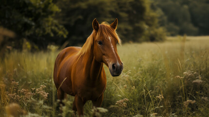 Fototapeta premium A brown horse stands peacefully among wildflowers in a vibrant green field. The warm light of the late afternoon enhances the tranquil atmosphere of the rural landscape.