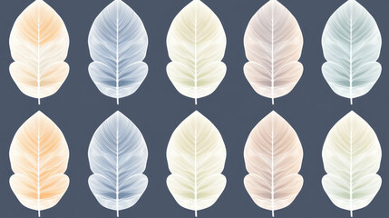 Obraz premium Softly glowing, colorful leaves arranged in seamless pattern on dark background, creating modern and elegant botanical design with flat aesthetic