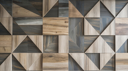 A close-up view of a modern geometric wall design featuring wooden tiles arranged in triangular patterns, showcasing a stylish and contemporary interior aesthetic. 3D wallpaper