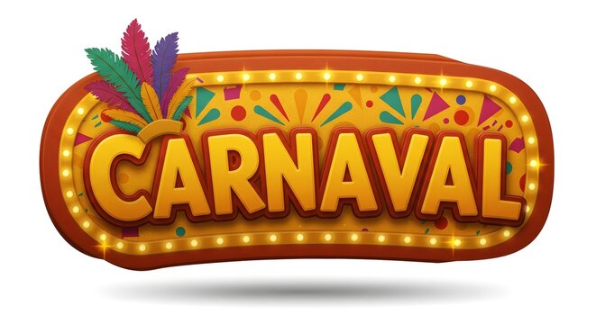 O texto 'CARNAVAL' em negrito brilha no centro, decorado com penas vibrantes e luzes abaixo, transmitindo um esp&iacute;rito de festa din&acirc;mico em um fundo simples, isolated white background