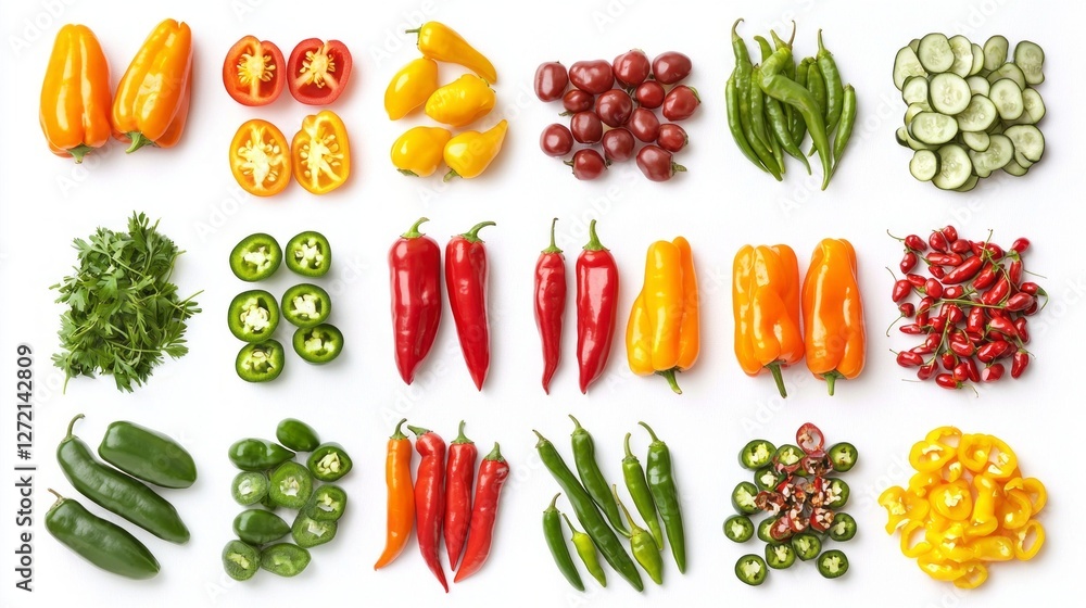 Poster a colorful array of fresh chili peppers and assorted vegetables is artistically arranged on a clean 