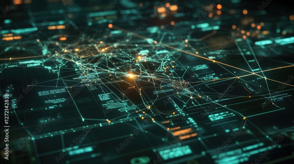 Poster complex network connections are glowing and transferring data on a futuristic cyber security system,
