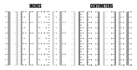 Vertical centimeter and inch scale for measuring length or height. Various measurement scales with divisions. Ruler, tape measure marks, size indicators. Vector illustration