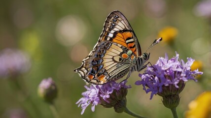 Obraz premium Butterfly sitting on a wild flower, blurred background, butterfly close-up