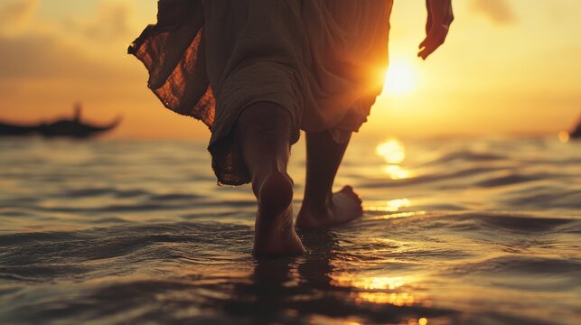 Close up of jesus walking on water with focus on his legs in a serene aquatic setting