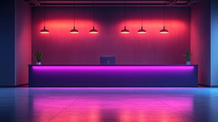 Modern Reception Desk with Neon Lighting in Stylish Interior