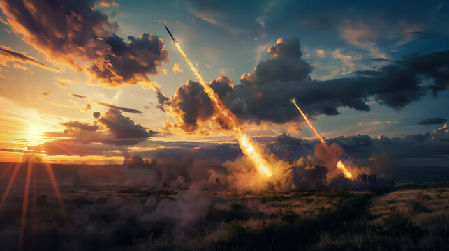Bright trails of missiles soar into the sky as the sun sets on the horizon, casting a warm glow over the expansive, open terrain.
