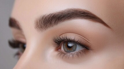 Obraz premium A skilled make-up artist highlights the beauty of captivating eyes and perfectly shaped brows. The close-up captures the artistry and precision involved in long-lasting beauty techniques
