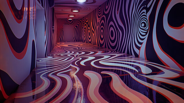 Wavy patterns in red, black, and white create a mesmerizing atmosphere in this hallway, where colorful lighting enhances the vibrant design. - Powered by Adobe