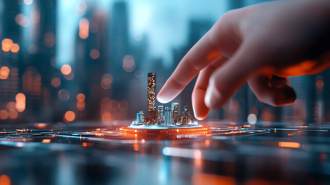 Innovative digital business strategy development urban environment visual content futuristic cityscape close-up viewpoint professional touch