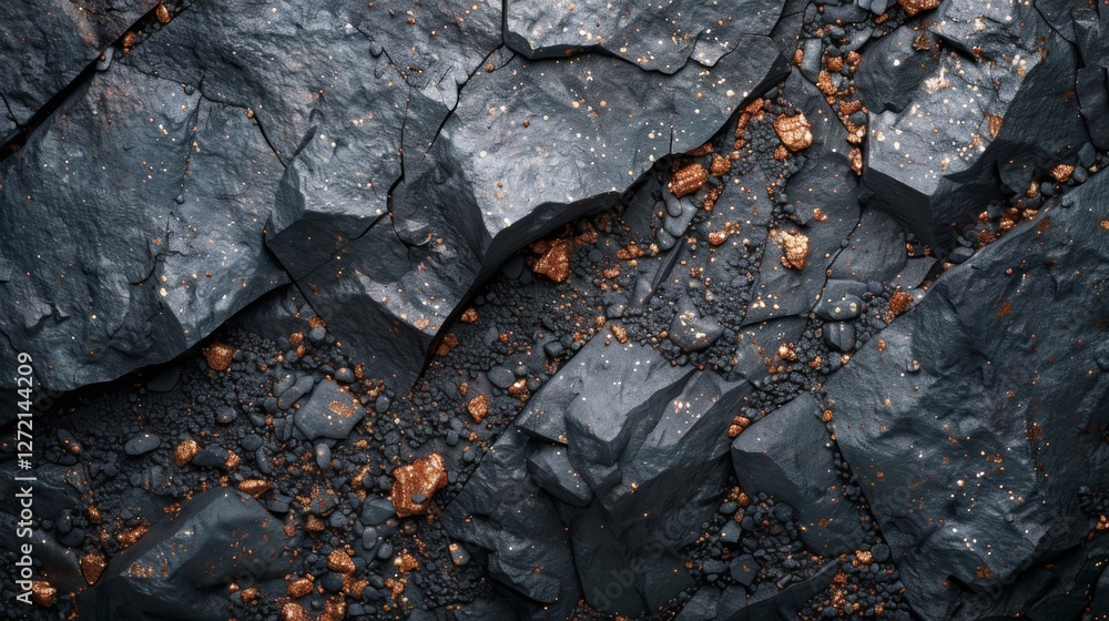 Aufkleber Rocky terrain exhibits a mix of dark minerals and scattered metallic fragments, highlighting the natural formations and varying textures under sunlight, creating a visually striking effect.