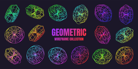 Neon lined wireframe shapes. Perspective mesh, 3d grid. Low poly geometric elements. Retro futuristic design elements, y2k, vaporwave and synthwave style. Vector illustration