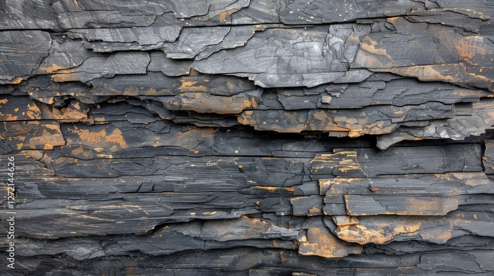 Poster rich textures of layered black and brown stone create a visually striking surface, showcasing geolog