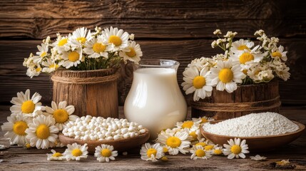 Rustic still life with fresh dairy, wooden barrels, and chamomile flowers.