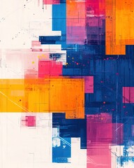 A vibrant abstract composition featuring dynamic color blocks in orange, pink, blue, and white, creating a modern visual experience.
