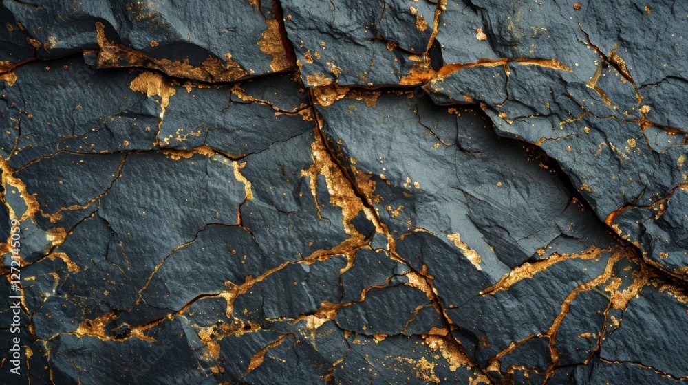 Poster Dark rock surface displaying intricate cracks and golden highlights, creating a stunning contrast and showcasing the unique geological features found in nature.