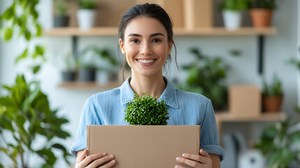 Entrepreneur holding up recycled packaging box with plant home office lifestyle image bright green environment upbeat viewpoint sustainability concept