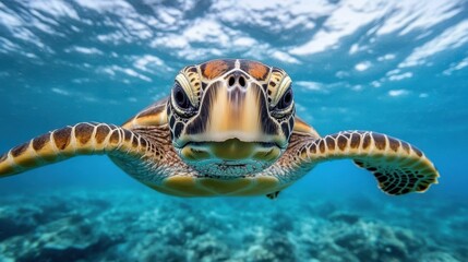 Obraz premium Sea turtle swimming towards camera in tropical blue ocean.