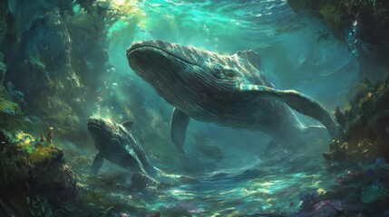 Fototapeta premium Humpback whale swimming near coral reef in crystal-clear ocean water.
