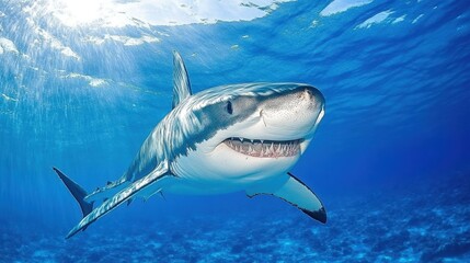 Naklejka premium Great white shark swimming near ocean surface with sharp teeth visible.