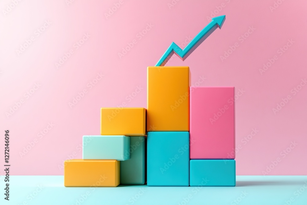 Poster visualizing financial growth with colorful block arrangement and upward arrow