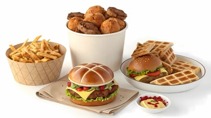 Assorted fast food meal with burgers, fries, chicken, and waffles