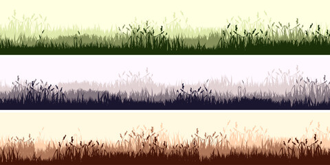 Meadow silhouettes with grass, plants on plain. Panoramic summer lawn landscape with herbs, various weeds. Herbal border, frame. Nature background. Green horizontal banner. Vector illustration