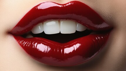 Fototapeta premium red lips parted white teeth and playful tongue licking isolated