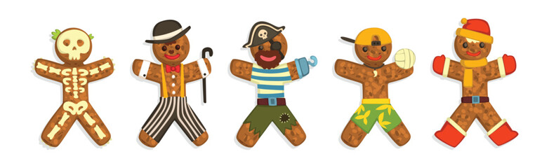 Funny Gingerbread Man Cookie in Different Costume Vector Set