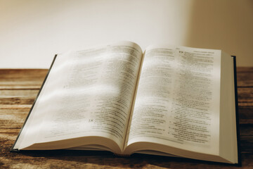 Obraz premium Open Holy Bible in English language on wooden table