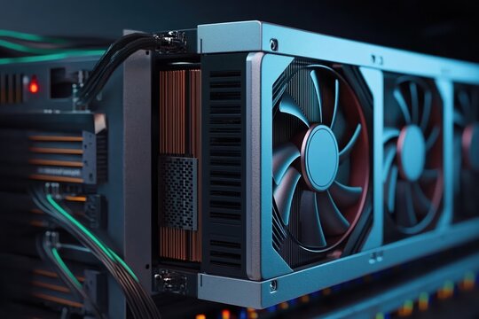 Crypto mining farm featuring high-performance GPU racks in action