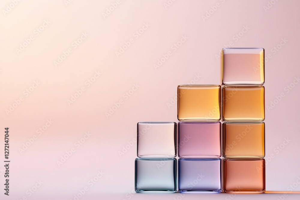 Poster pyramid structure of transparent cubes reflecting soft rainbow hues