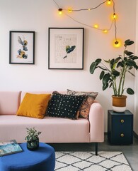 Cozy modern living room with pink sofa, artistic wall decor, and greenery