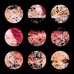 Grunge rose gold foil, shiny handmade circles. Golden glittering texture, pattern. Luxury shining hand drawn background. Wedding, greeting card decoration elements. Modern art. Vector illustration