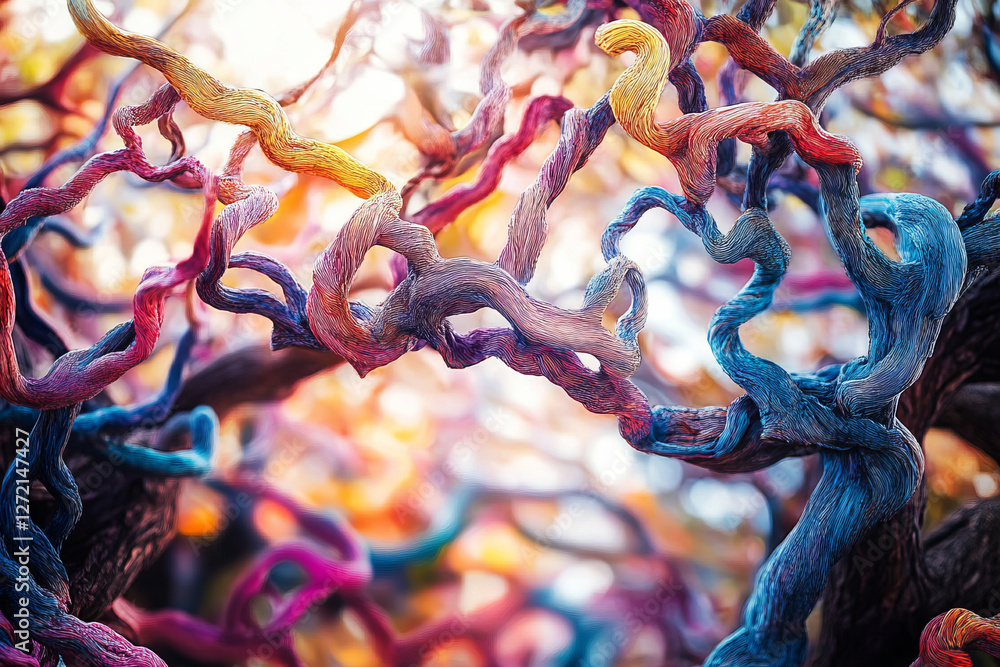 Poster a tree with colorful vines and branches that have been twisted into the shape of an abstract pattern