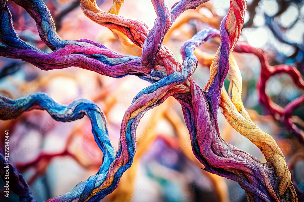 Poster a tree with colorful vines and branches that have been twisted into the shape of an abstract pattern