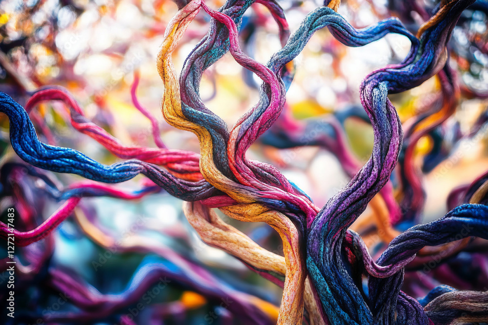 Poster a tree with colorful vines and branches that have been twisted into the shape of an abstract pattern