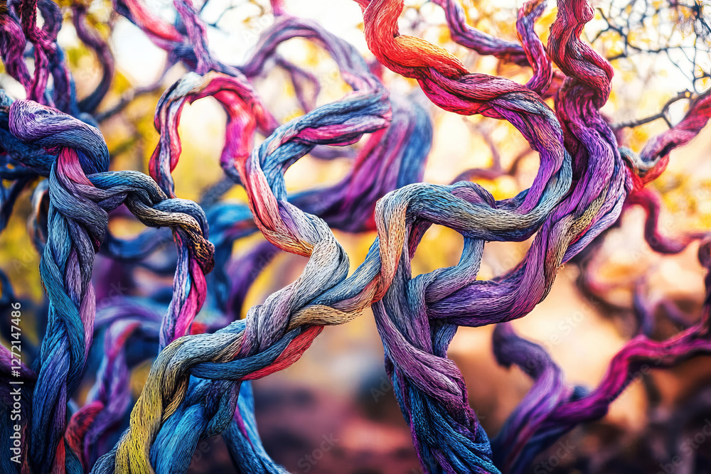 Poster a tree with colorful vines and branches that have been twisted into the shape of an abstract pattern