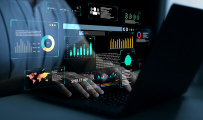 Management data System KPI connected in database for follow earnings,operations and sales data. Businessman using KPI dashboard.Financial business data analytics graph dashboard. 