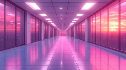 Fototapeta premium Serene Sunset Glow in Modern Office Corridor with Glass Windows