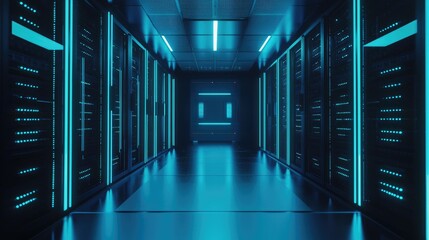 Futuristic data center with glowing blue server racks, representing cloud computing, cybersecurity, and AI. Ideal for IT, networking, and digital infrastructure concepts