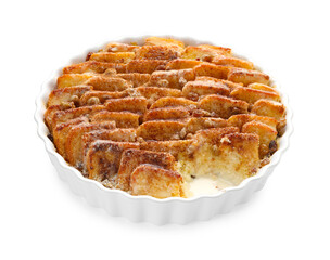 Delicious bread pudding with raisins and cinnamon isolated on white