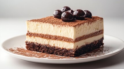 slice of tiramisu on white plate isolated