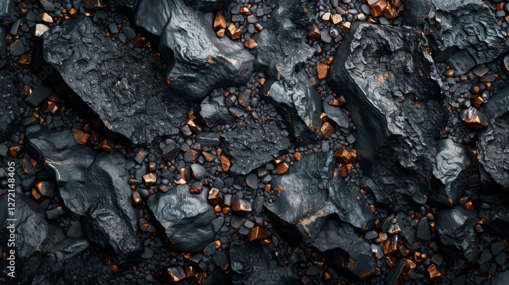 Poster a rugged landscape displays a textured surface of dark rock, interspersed with gleaming copper color