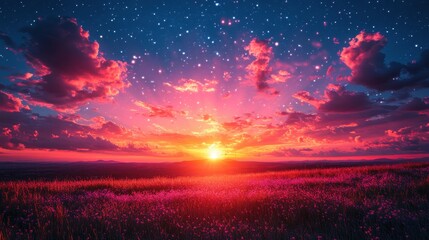 Fototapeta premium solar panel cell on dramatic sunset sky background