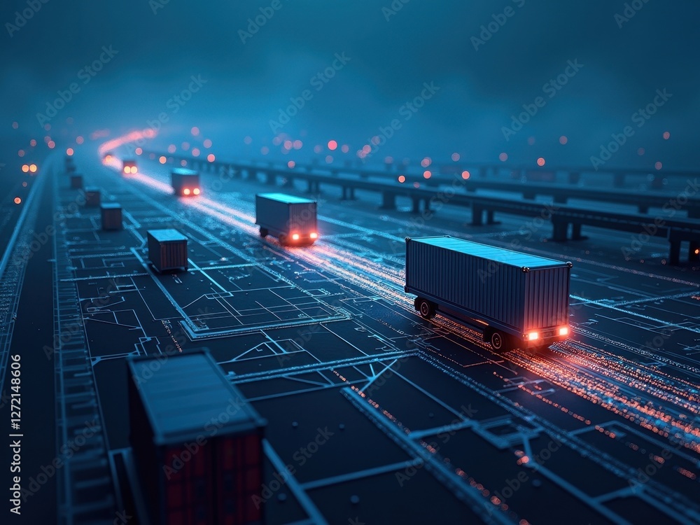 Poster trucks driving on a digital highway representing blockchain technology and data movement in a futuri
