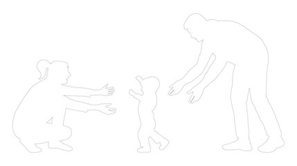 Baby first steps contour. Family event, baby goes to mom from dad. Vector illustration